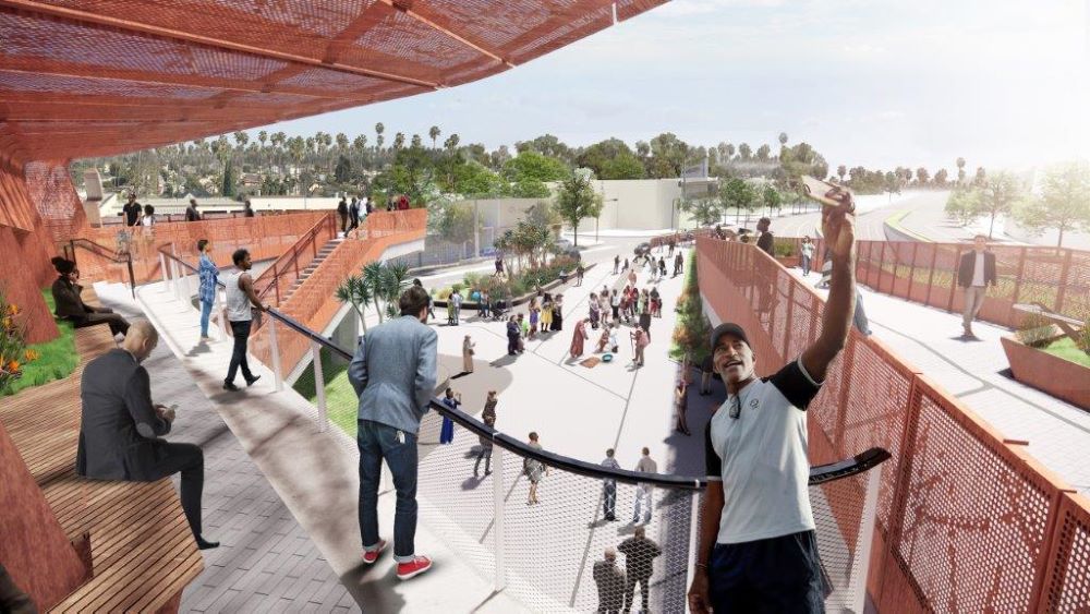 Rendering of Sankofa Park at Destination Crenshaw, with person taking selfie.