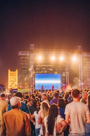 Photo of audience at Farm-to-Fork festival at night, watching a band.