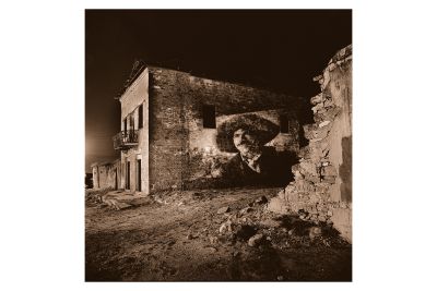 Image of actor Anthony Quinn from 1952’s Viva Zapata! projected on wall in the border town of Roma, Texas, where the movie was filmed.