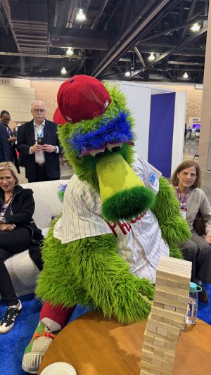The Phillie Phanatic creating chaos at the Philadelphia CVB’s “Tailgate” reception in The District.