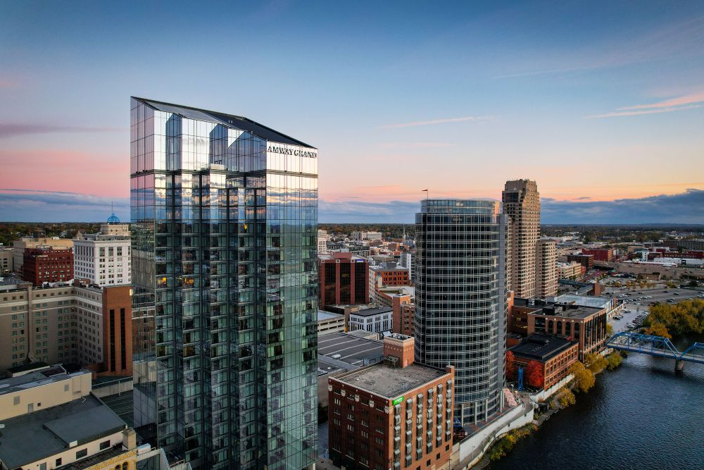 Aerial photo of exteriors of Amway Grand Plaza and JW Marriott Grand Rapids