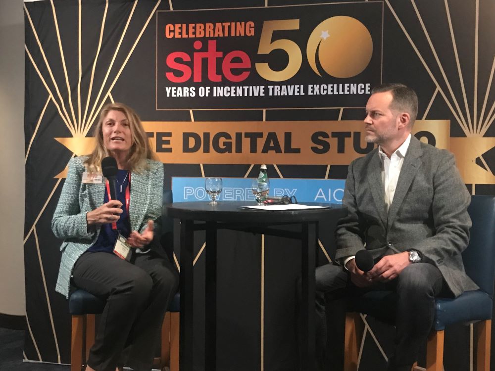 Photo of Annette Gregg, CEO of SITE, and Fred Dixon, CEO NYC & Co at SITE Global Conference press conference.