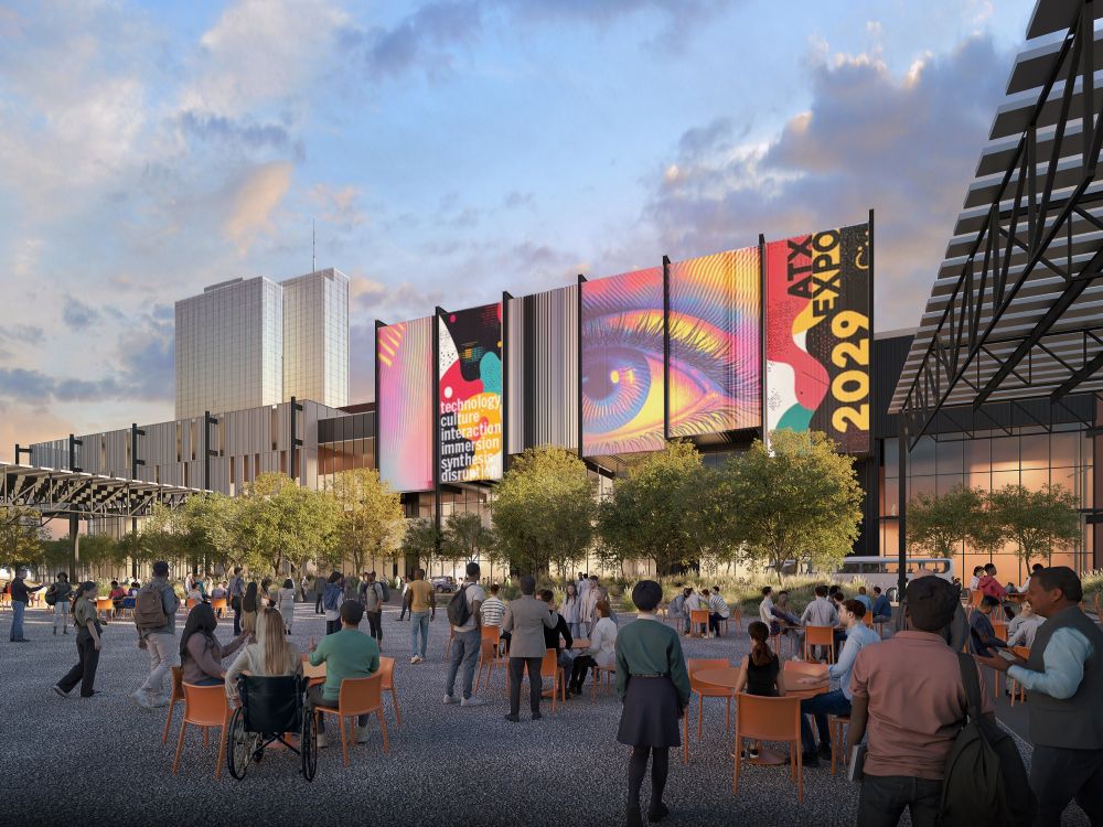 Rendering of Austin Convention Center expansion with a colorful roof over an outdoor walkway.