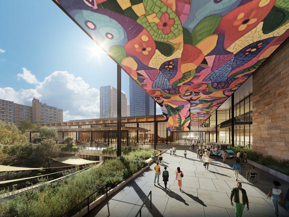 Rendering if Austin Convention Center expansion with a colorful roof over an outdoor walkway.