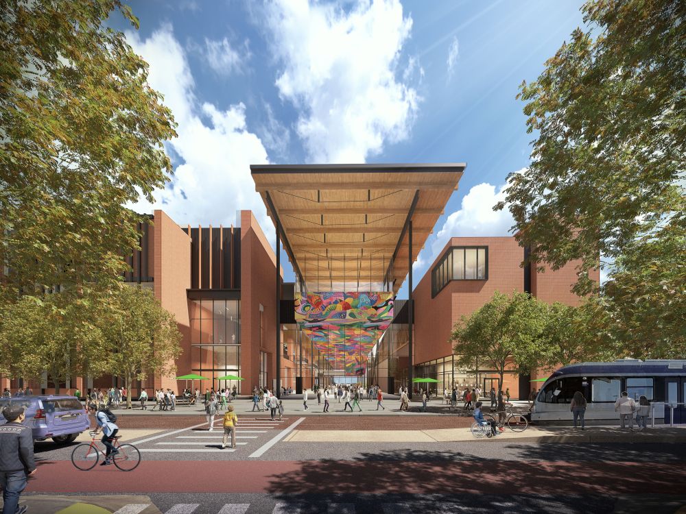 Rendering of Austin Convention Center expansion with a colorful roof over an outdoor walkway.