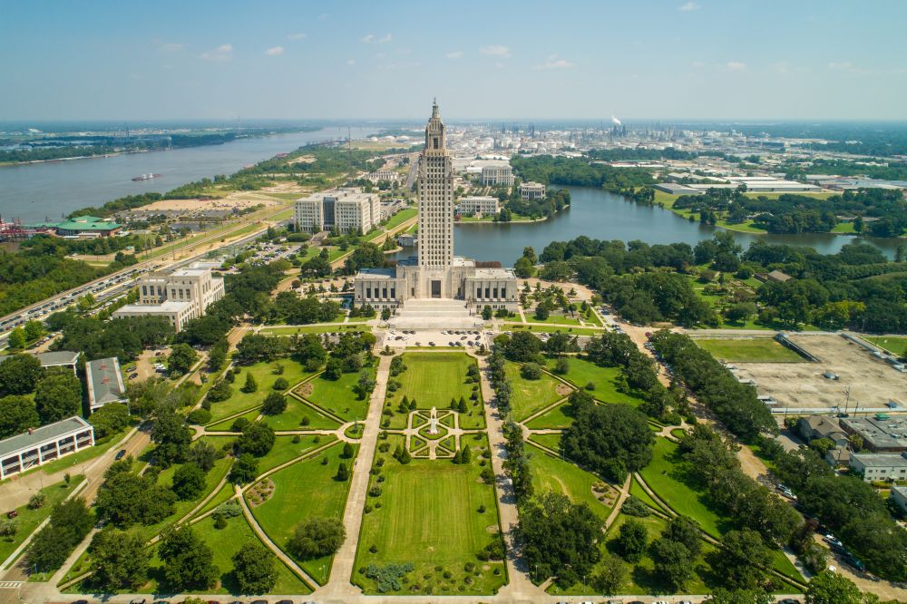 Aerial photo of Louisiana State Capitol in Baton Rouge.