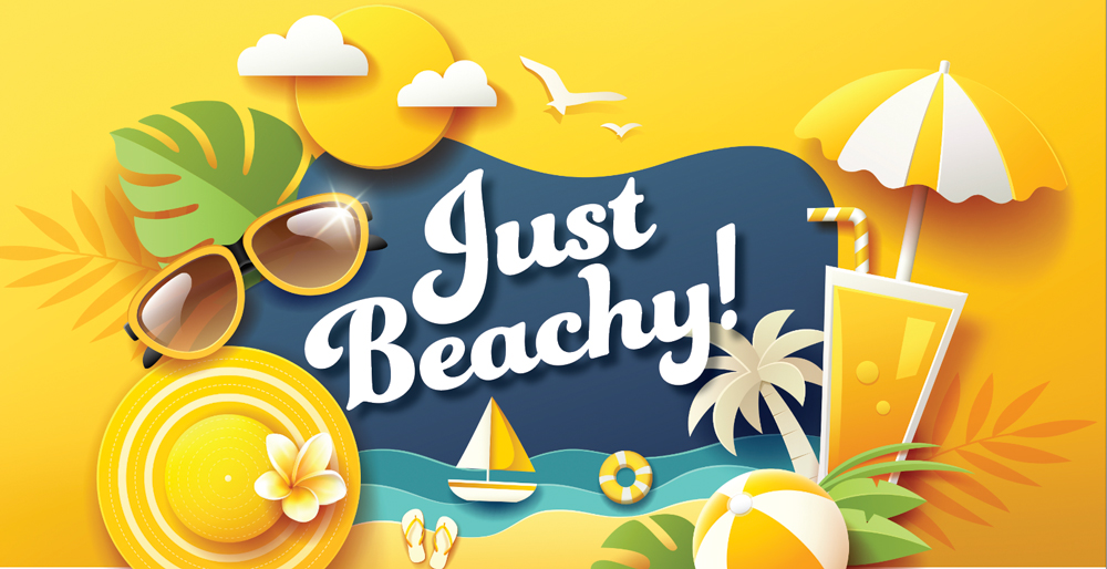 Very yellow graphic with beach icons, with the text Just Beach! in the center