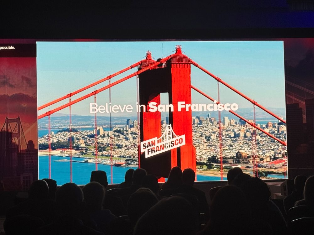Slide showing San Francisco's new brand message over the Golden Gate Bridge.