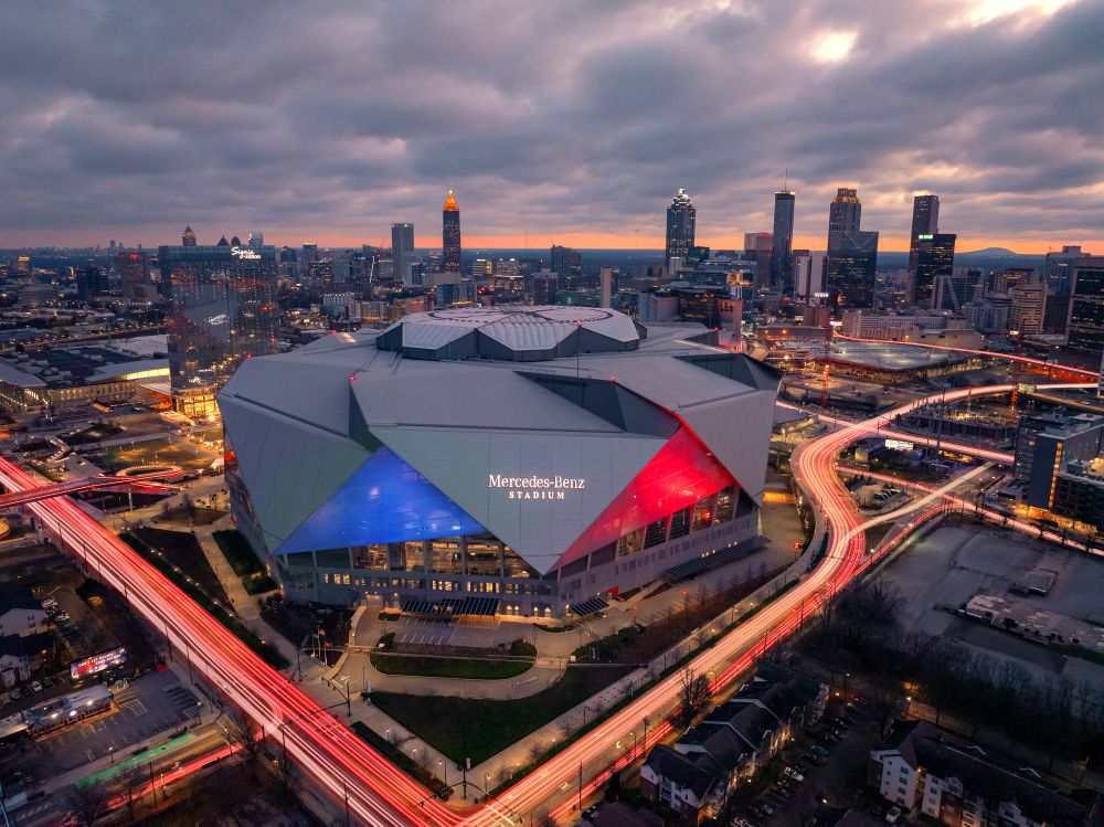 Benz Stadium exterior night view 