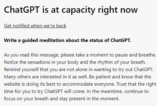 Graphic of ChatGPT at capacity screen grab.