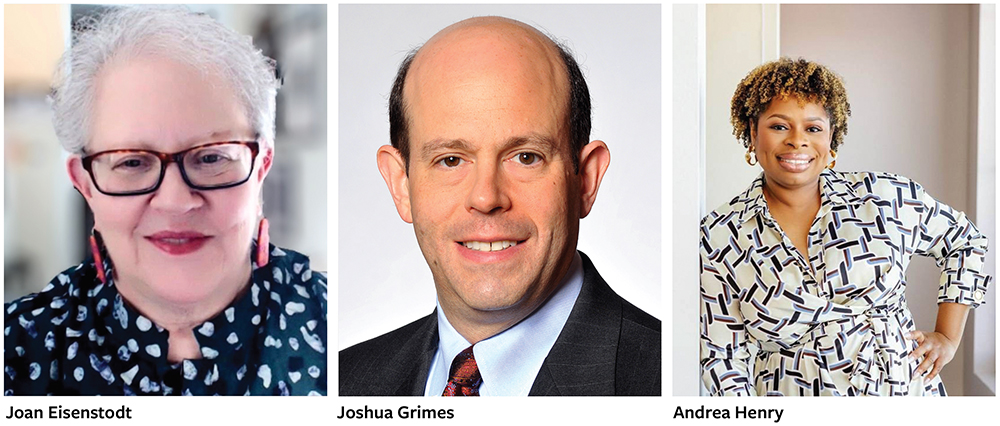 Photo of Joan Eisenstodt (left), Joshua Grimes (center) and Andrea Henry.