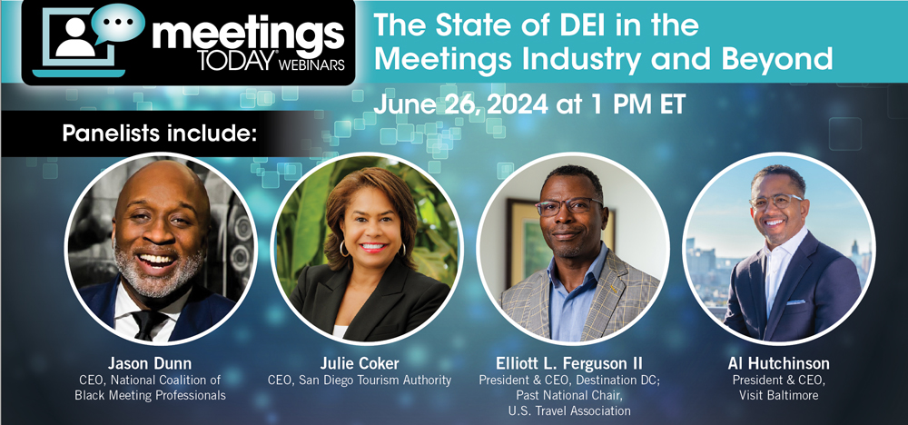 Image promoting Meetings Today DEI webinar with images of Jason Dunn, Julie Coker, Elliott L. Ferguson II, and Al Hutchinson.