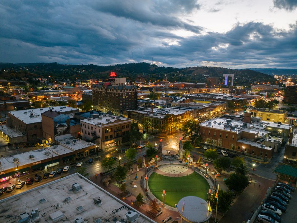 Aerial photo of downtown Rapid City, South Dakota.