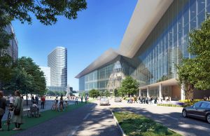 Dallas Hospitality_Exterior view of Kay Bailey Hutchison Convention Center at Lamar street rendering.
