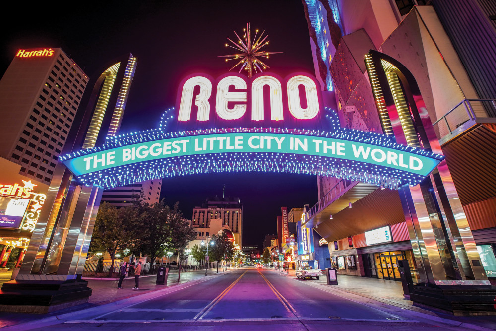 Downtown Reno Arch lit up at night