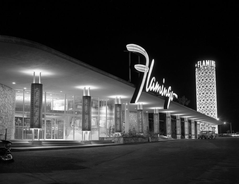 Flamingo Hotel exterior, 1961,