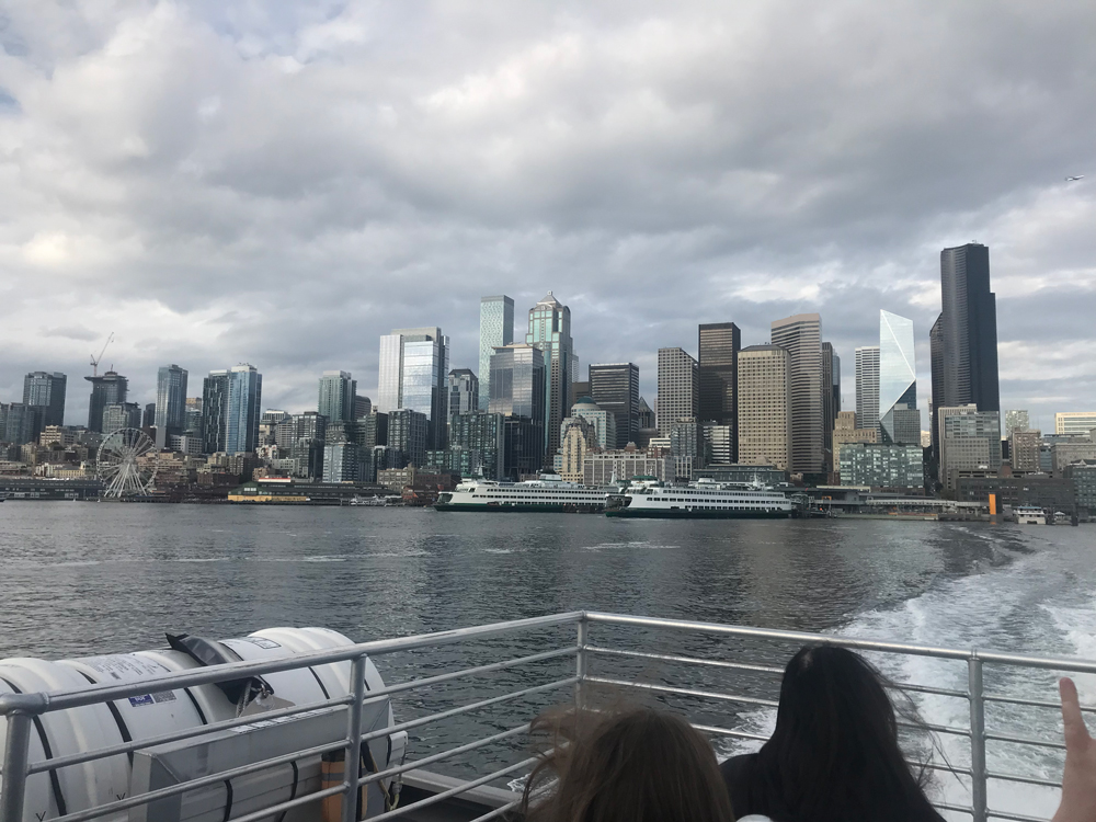 Photo of Seattle skyline from Washington State Ferry on Elliott Bay.