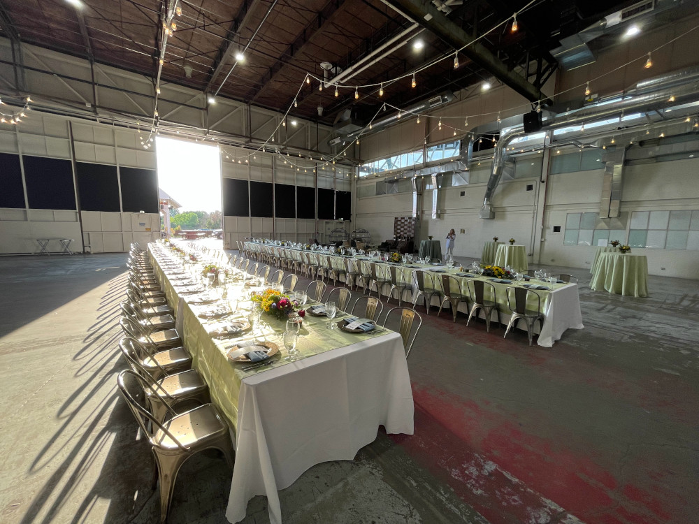 Dinner setup in Stanley Marketplace's Hangar