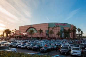 Phot of the Honda Center, exterior with parking lot.