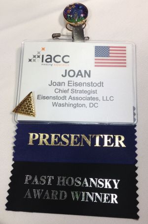 A photo of Joan Eisenstodt's IACC presenter badge.