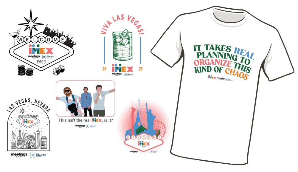 Graphic of T-shirt designs offered by Meetings Today and Brandit at IMEX America 2023.