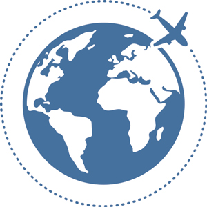 Infographic of of a globe with an airplane circling it.