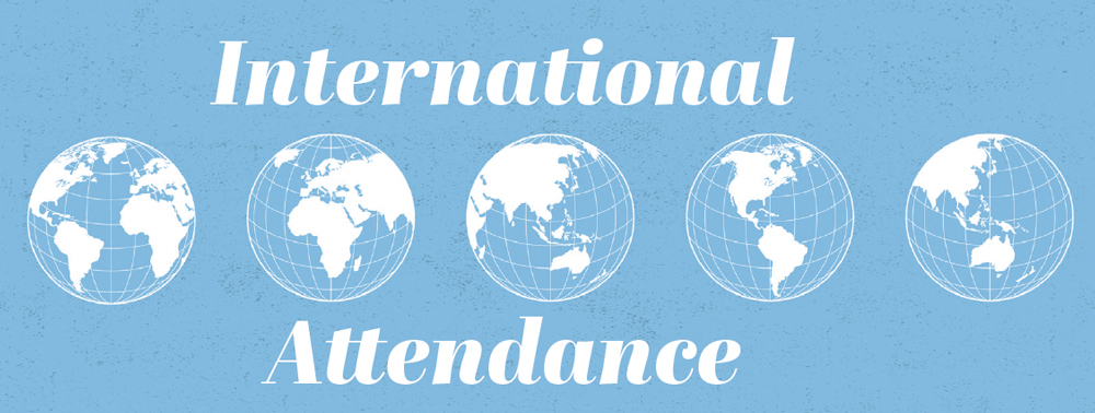 Graphic of white globes over a blue background with the words International Attendance.