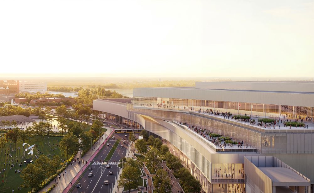 Rendering of exterior of Kay Bailey Hutchinson Convention Center Dallas.