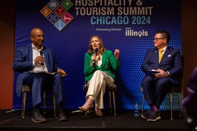 Keynote panelists (Rich Gamble, Marilynn Gardner, Daniel Thomas) present at the 2024 Hospitality & Tourism Summit Chicago. Credit: Cameron Krasucki