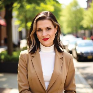 Photo of KiKi L'Italien in a brown blazer and white turtleneck, on a residential street.