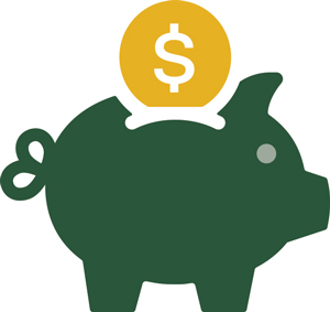 Infographic of a green piggy back with a gold coin going in the top.