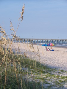 Myrtle Beach State Park- Beach Umbrella and Sea Oats and Pier