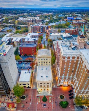 Photo of tall buildings in downtown Greenville, South Carolina.