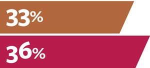 Infographic of two bars, with a tan one with 33% on it and a red one below with 36% on it.
