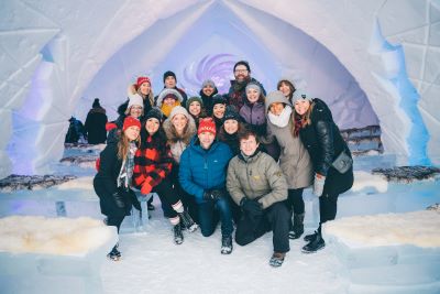 Posing for a photo inside the chapel at Hotel de Glace