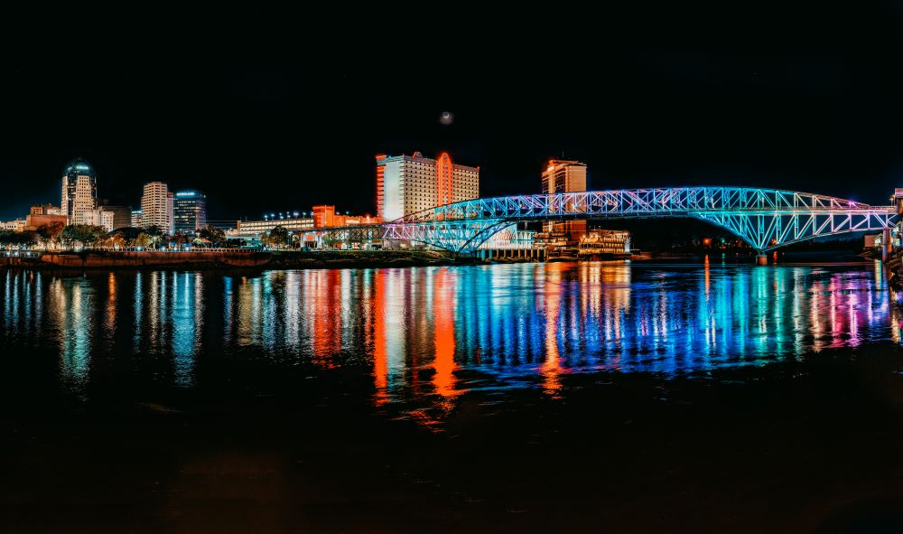Shreveport skyline at night with Bakowski Bridge of Light.