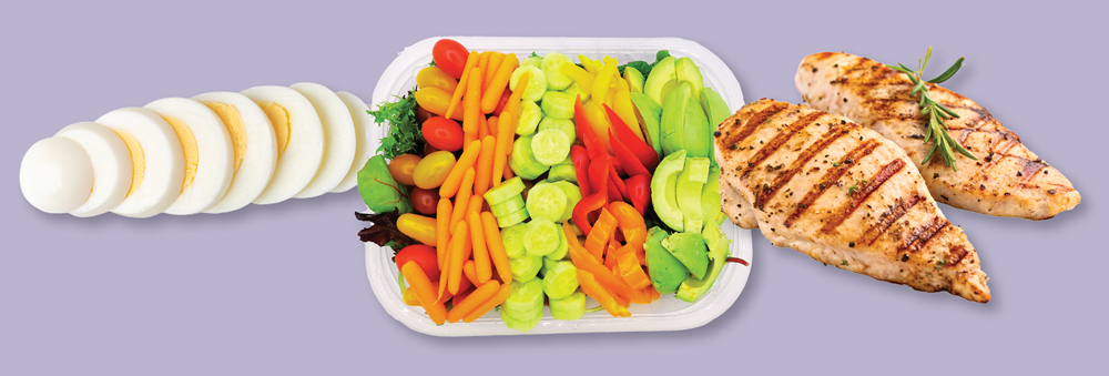 a collage of foods, with eggs on the right, vegetables in the middle and grilled chicken breast on left