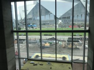 Photoof view from Signia by Hilton Atlanta restaurant overlooking Mercedes-Benz Stadium.