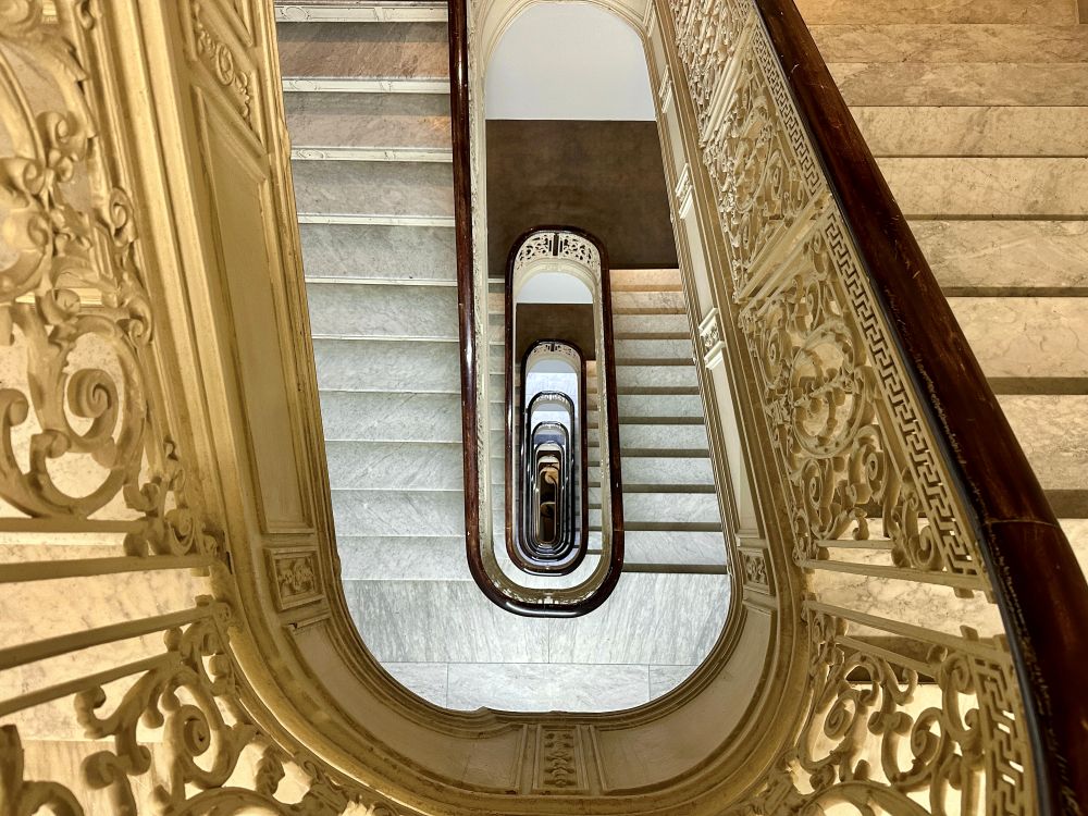 View from down a staircase at The Bellevue Hotel.
