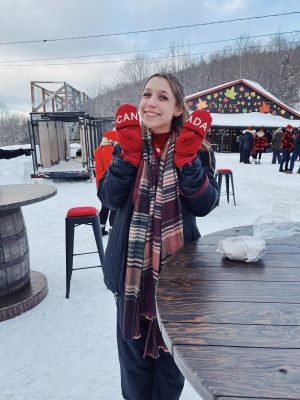 Taylor wearing Destination Canada gear at Erabliere du Lac-Beauport, or the Sugar Shack