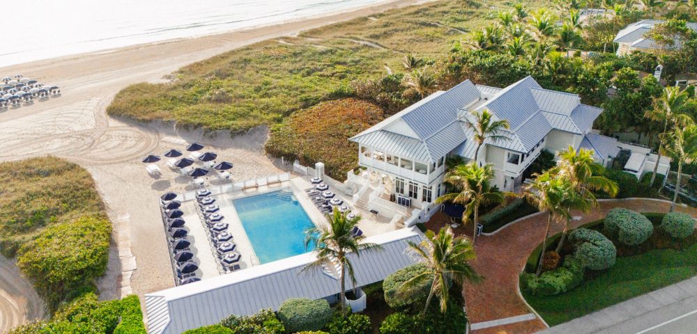 Seagate Hotel, Golf & Beach Club aerial photo, with beach in the background.