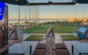 Topgolf San Francisco­–Burlingame dock overlooking driving range and San Francisco Bay.