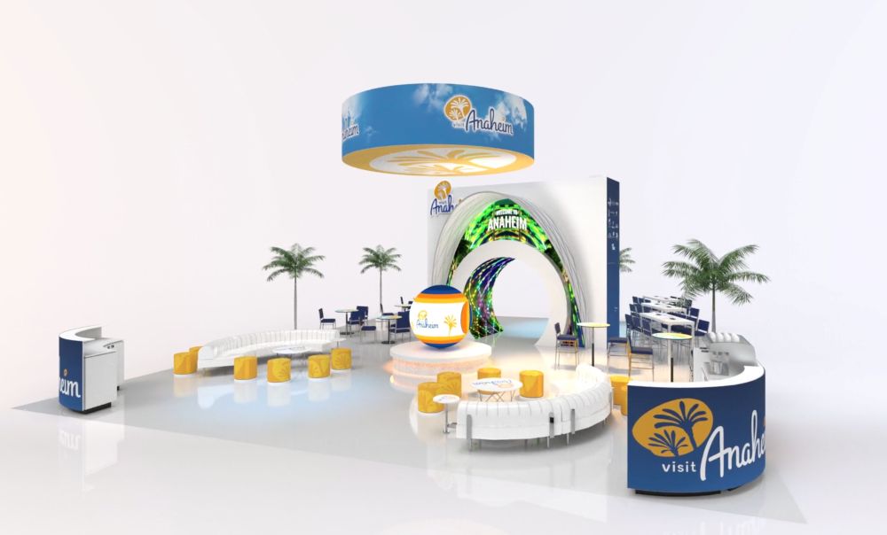 Image of Visit Anaheim's new tradeshow booth, with a white background.