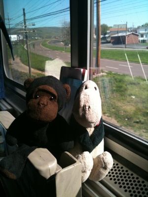 Photo of two stuff animals sitting on a train seat window.