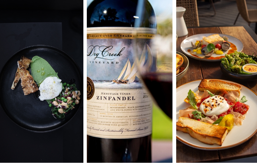 A tryptic of food (left), a wine bottle (center) and multiple plates of food (right).