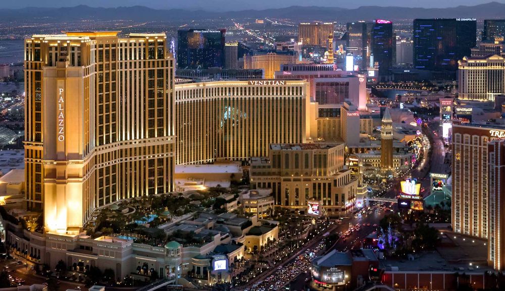 Venetian Resort exterior with Las Vegas in the background.