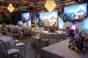 Photo of interior of Warehouse 215, set up for an event.