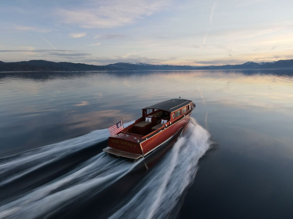 Wild Goose II boat speeding on Lake Tahoe.