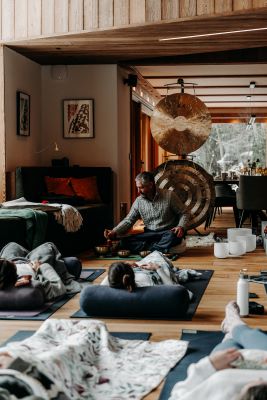 Yoga and sound bath setup at Granite Mountain Lodge.