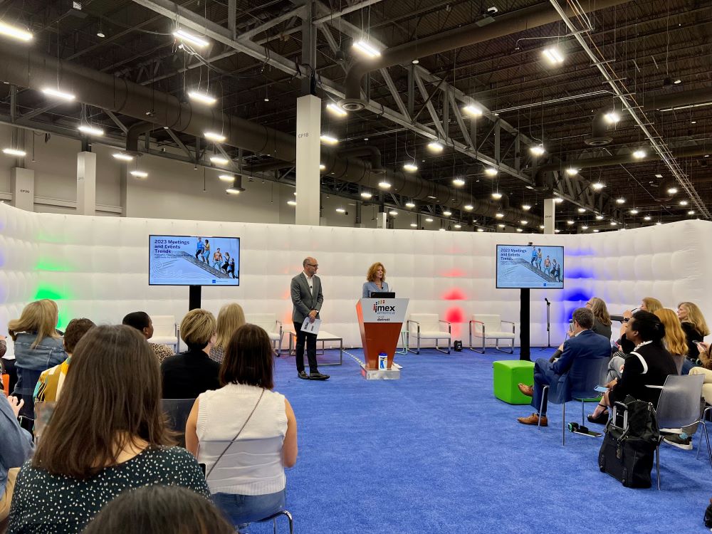 Gerardo Tejado and Linda McNairy present the major findings from the 2023 Global Meetings & Events Forecast at IMEX America.